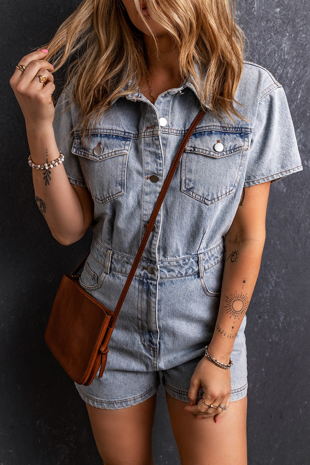 Hellblauer vintage gewassen knoppen Pocket Denim Romper