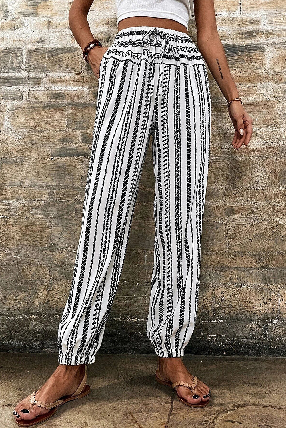 Zwart gestreepte boho gestreepte print casual broek