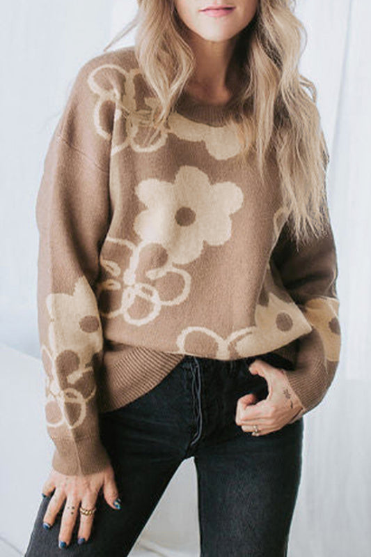 Camel floral drop shoulder pullover mit gerippten abschlüssen