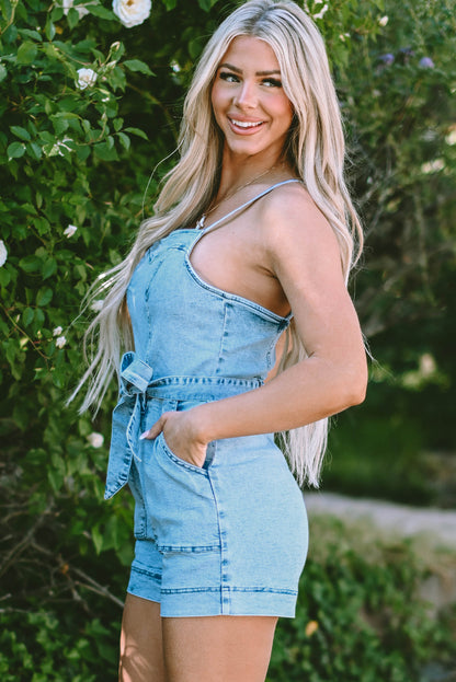 Beau Blue Spaghetti Carrier Denim-Romper met riem