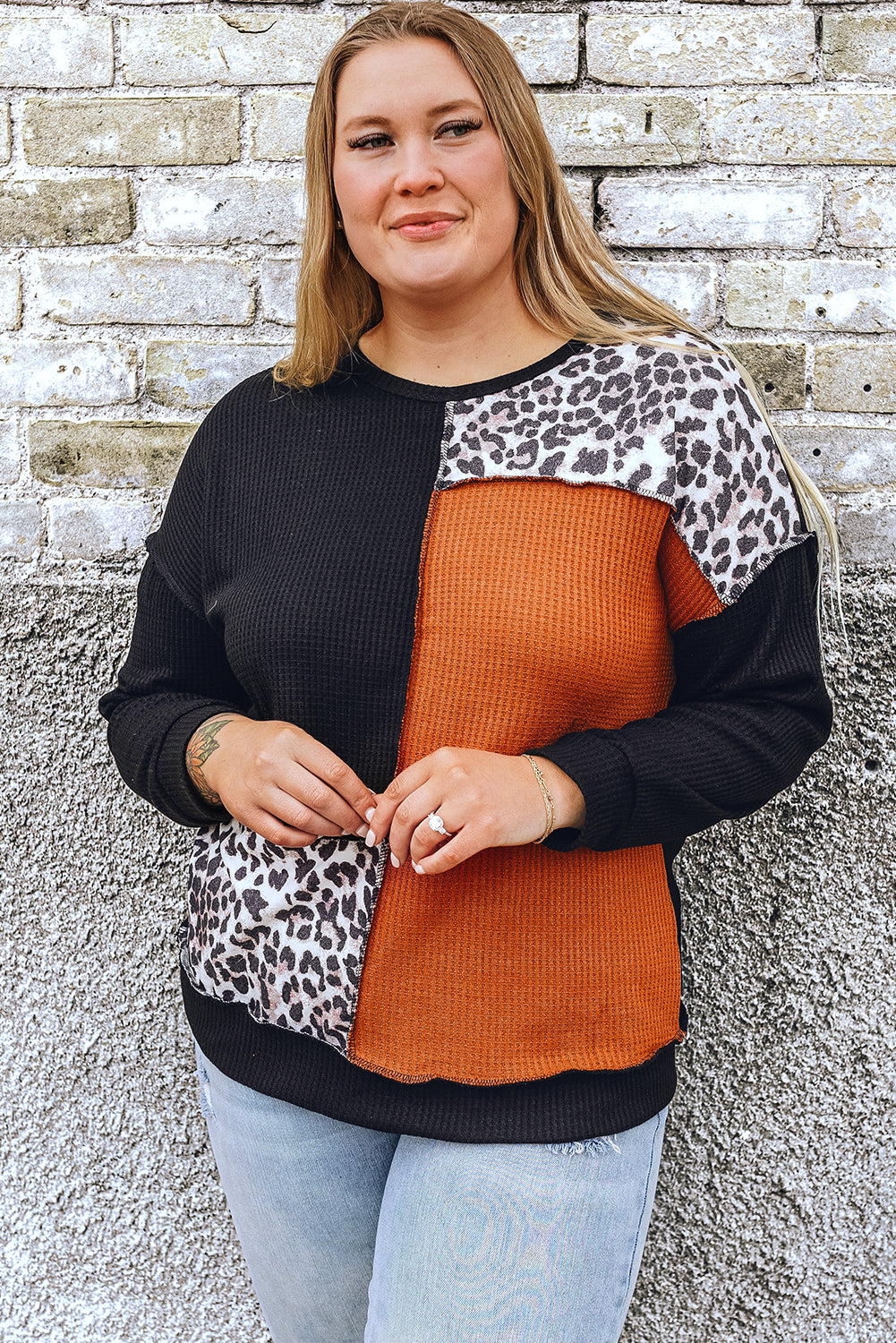 Schwarz orange colorblock leopard patchwork waffel stricken plus größe top