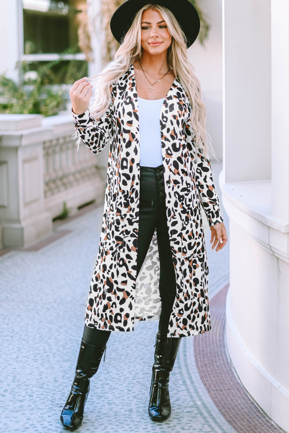 Leopard pocketed open front duster cardigan