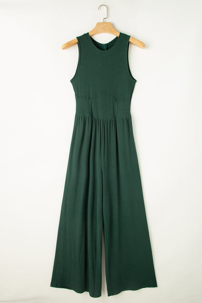 Zwart -Green mouwloze jumpsuit met wide been en geregen taille