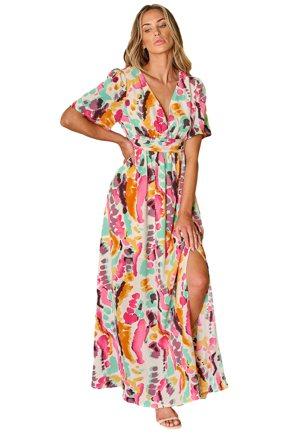 Rosa Boho Tie Maxic-jurk met een V-neckline