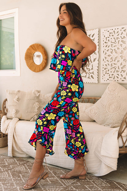 Red Mix Tropical Print Service verwezen jumpsuit