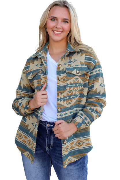 Blaue western aztec print knopfleiste mit klappe tasche jacke