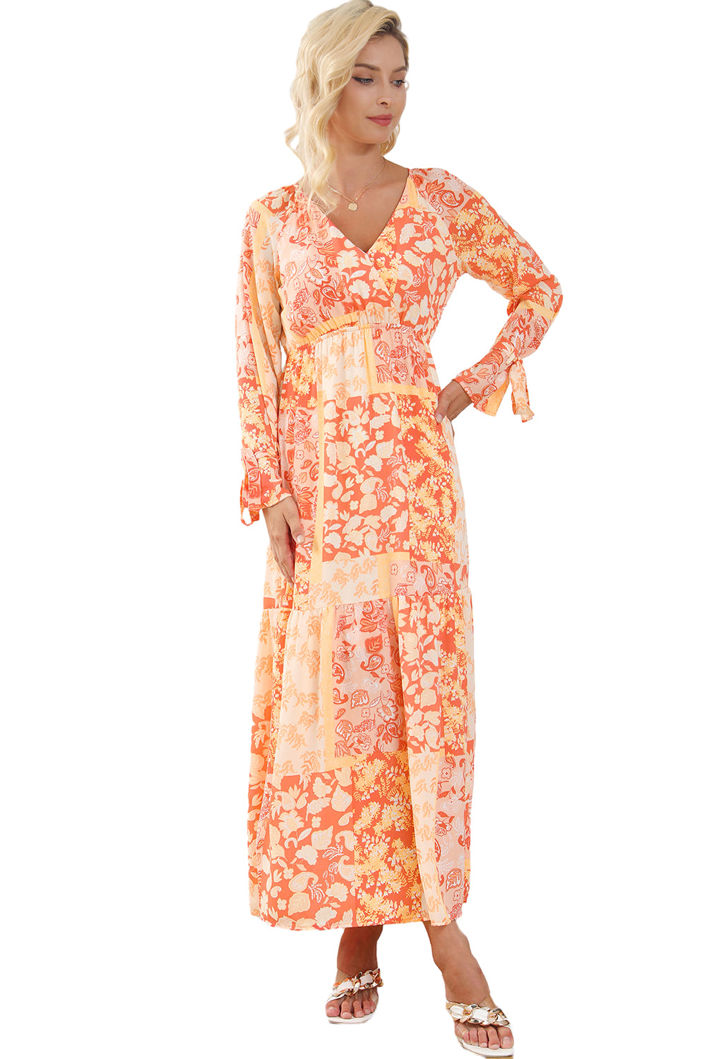 Orange boho floral wrap v neck tie langarmkleid