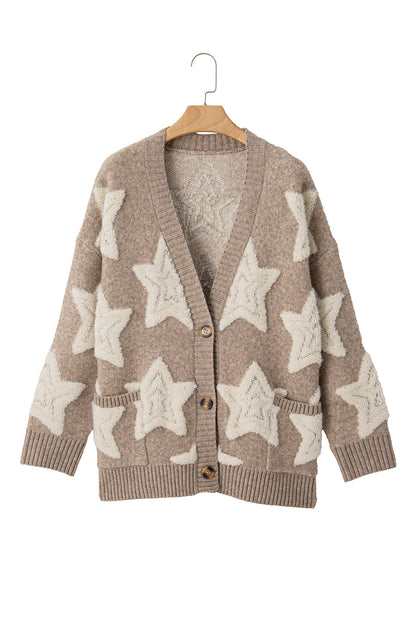 Khaki sherpa sternmuster strukturierte strickjacke mit taschen