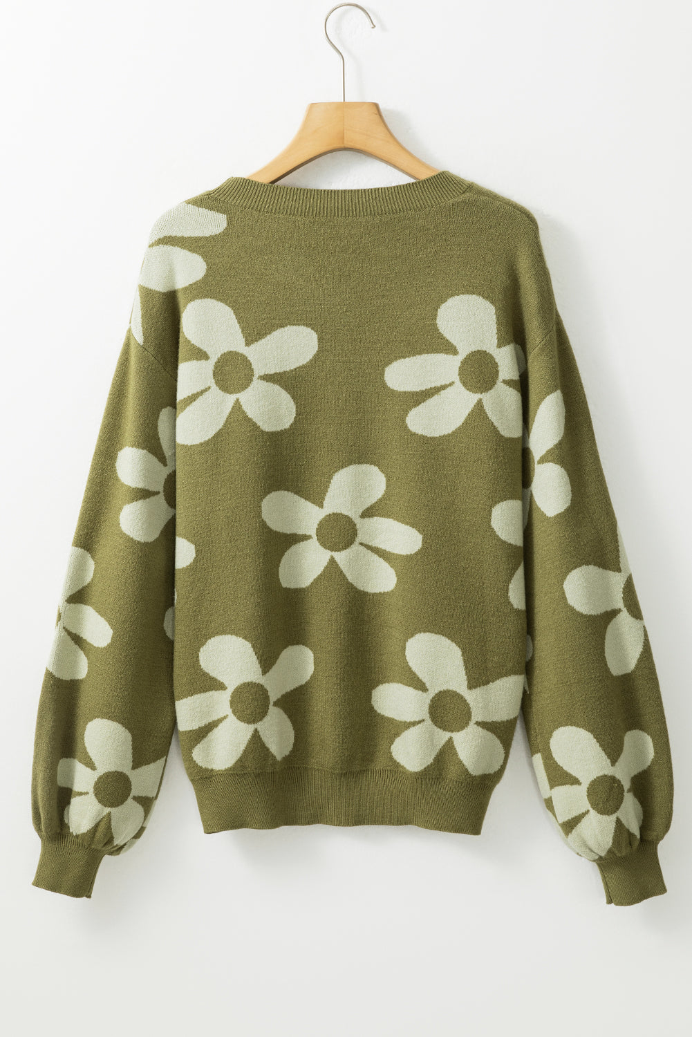 Spinat Green Sweater met grote bloem- en ribbreienpatroon