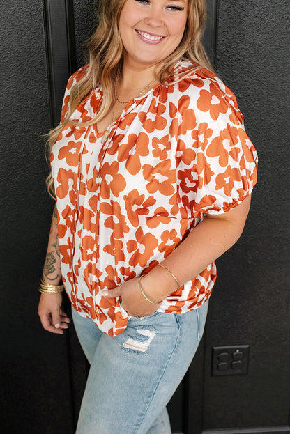 Orange plus größe floral print drawstring v hals kurzarm bluse