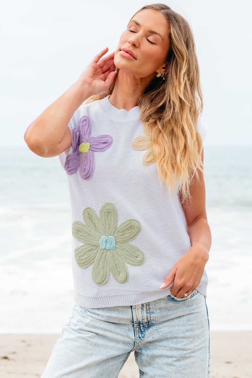 Witte multi -crochet bloem gebreide trui met korte mouwen trui tops