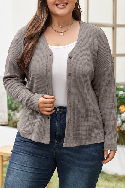 Simply taupe waffle knit drop shoulder knopf v-ausschnitt plus größe top