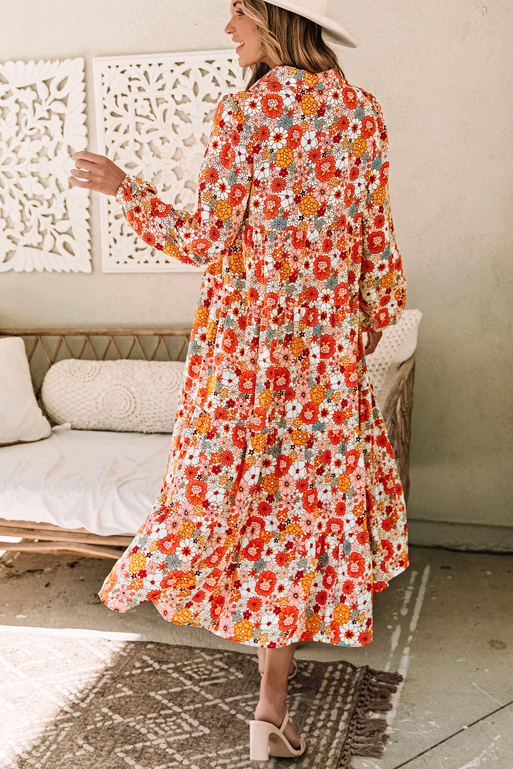 Multicolor Boho Floral Collared Long -Sleeveved, Roted Dress