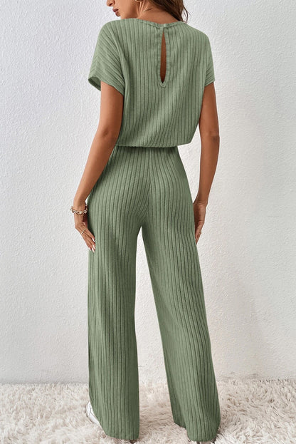 Gras -Green vaste kleur geribbeld kort -zoven wide been jumpsuit