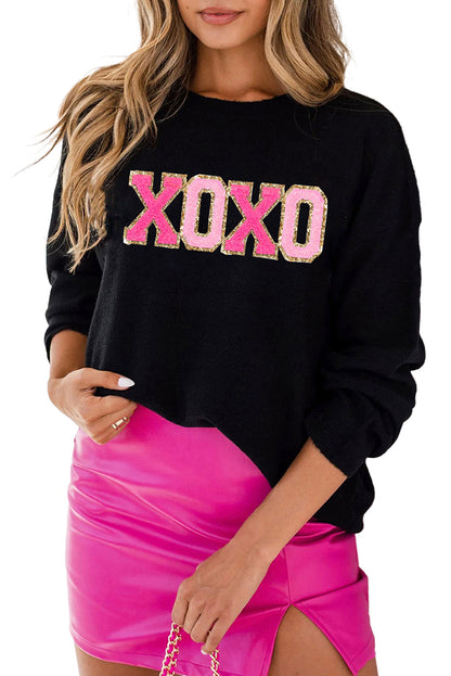 Schwarzer xoxo glitter print rundhalsausschnitt casual pullover