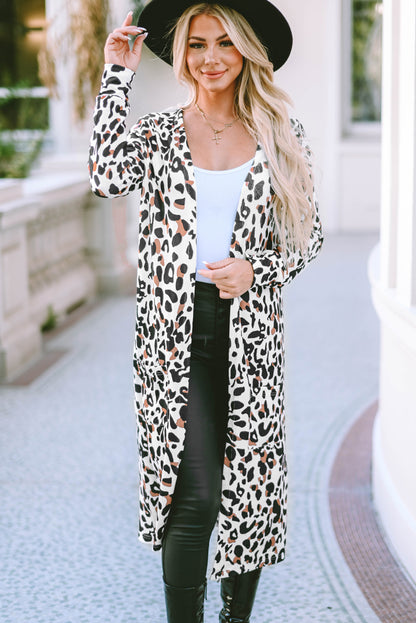 Leopard pocketed open front duster cardigan