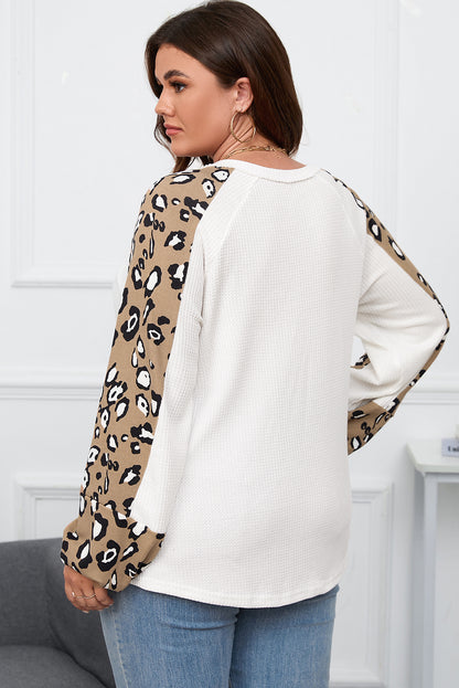 Beige bedruckt plus größe waffel stricken kontrast leopard lange ärmel top