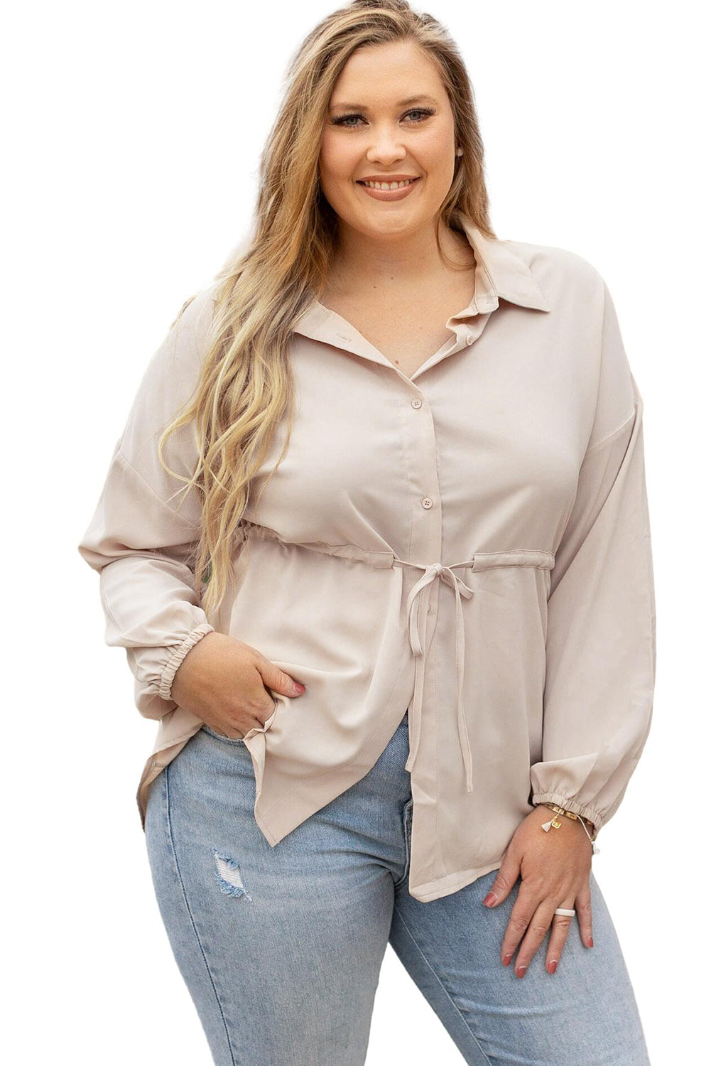 Helles french beige plus size puffärmel gebundenes tunika shirt