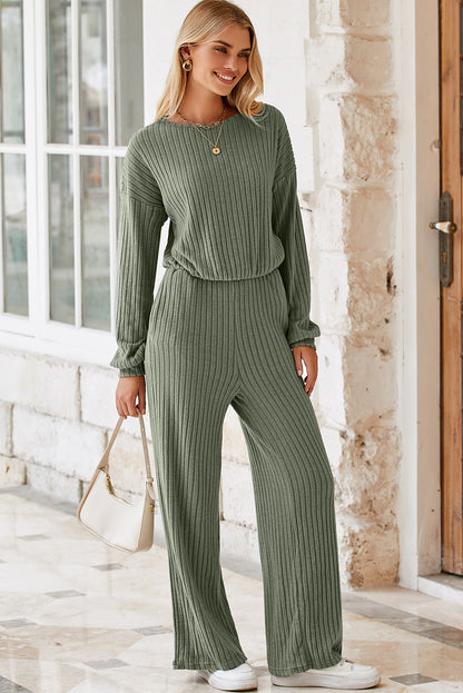 LAUREL GREEN FULL RIB -trim sleutelgat terug hoge taille jumpsuit