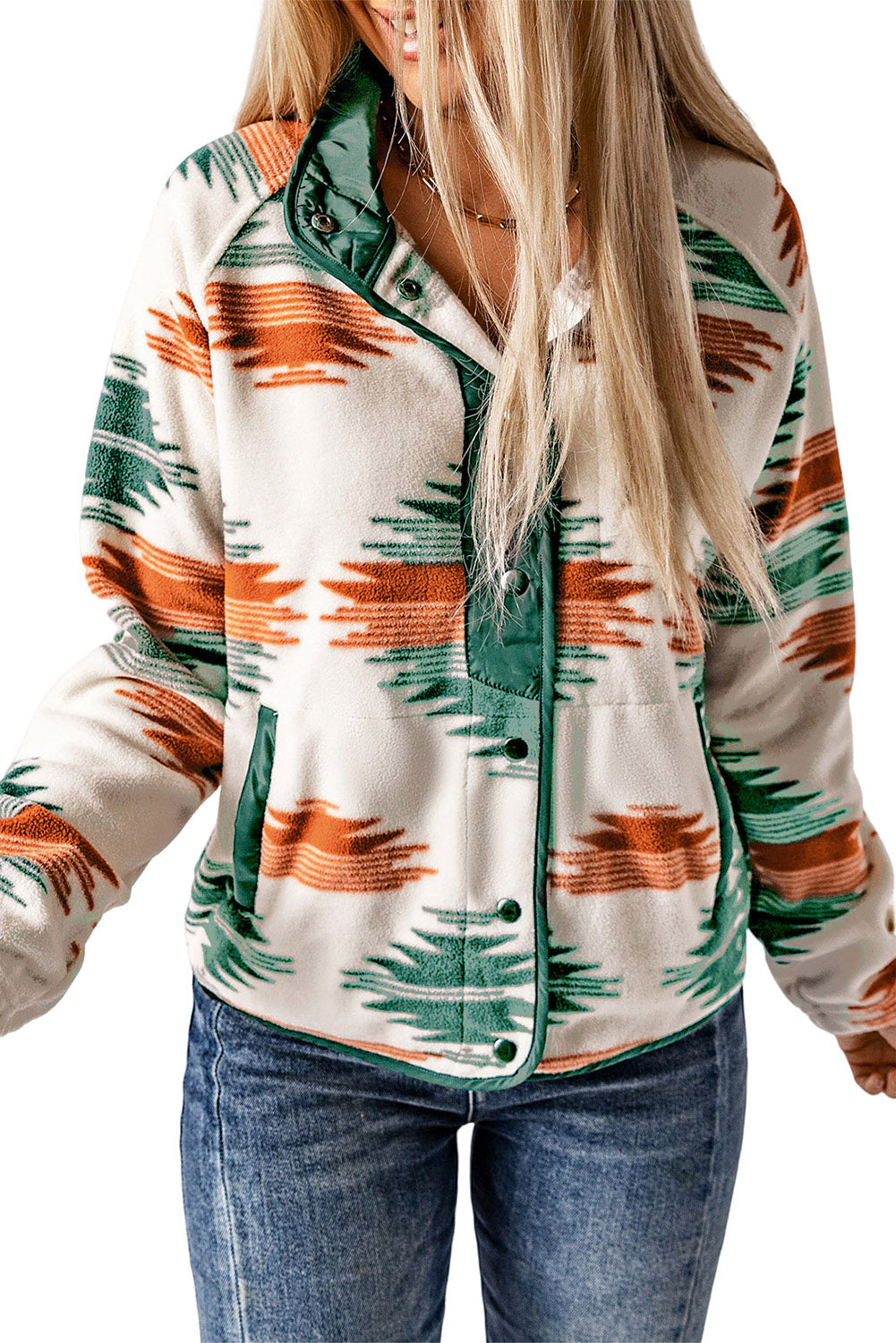 Mehrfarbig western aztec fleecejacke mit druckknöpfen