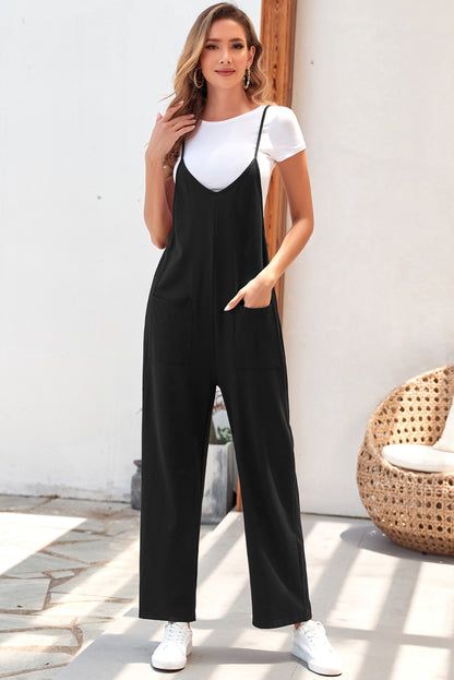 Zwart zak met verstelbare spaghetti -riemriemriempoot jumpsuit