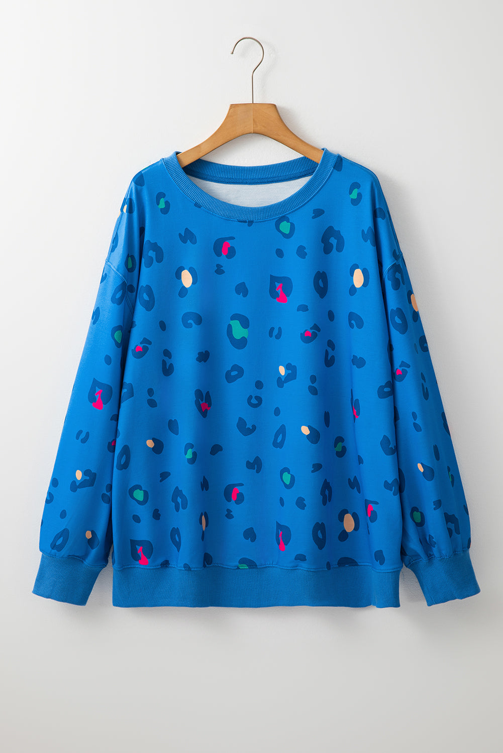 Himmelblau leopard gerippt rand drop shoulder pullover sweatshirt