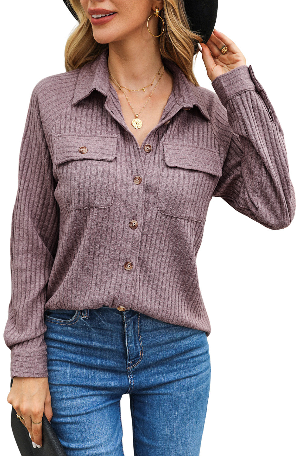 Paarse knop Placket met een deken Pocket Rib Cardigan