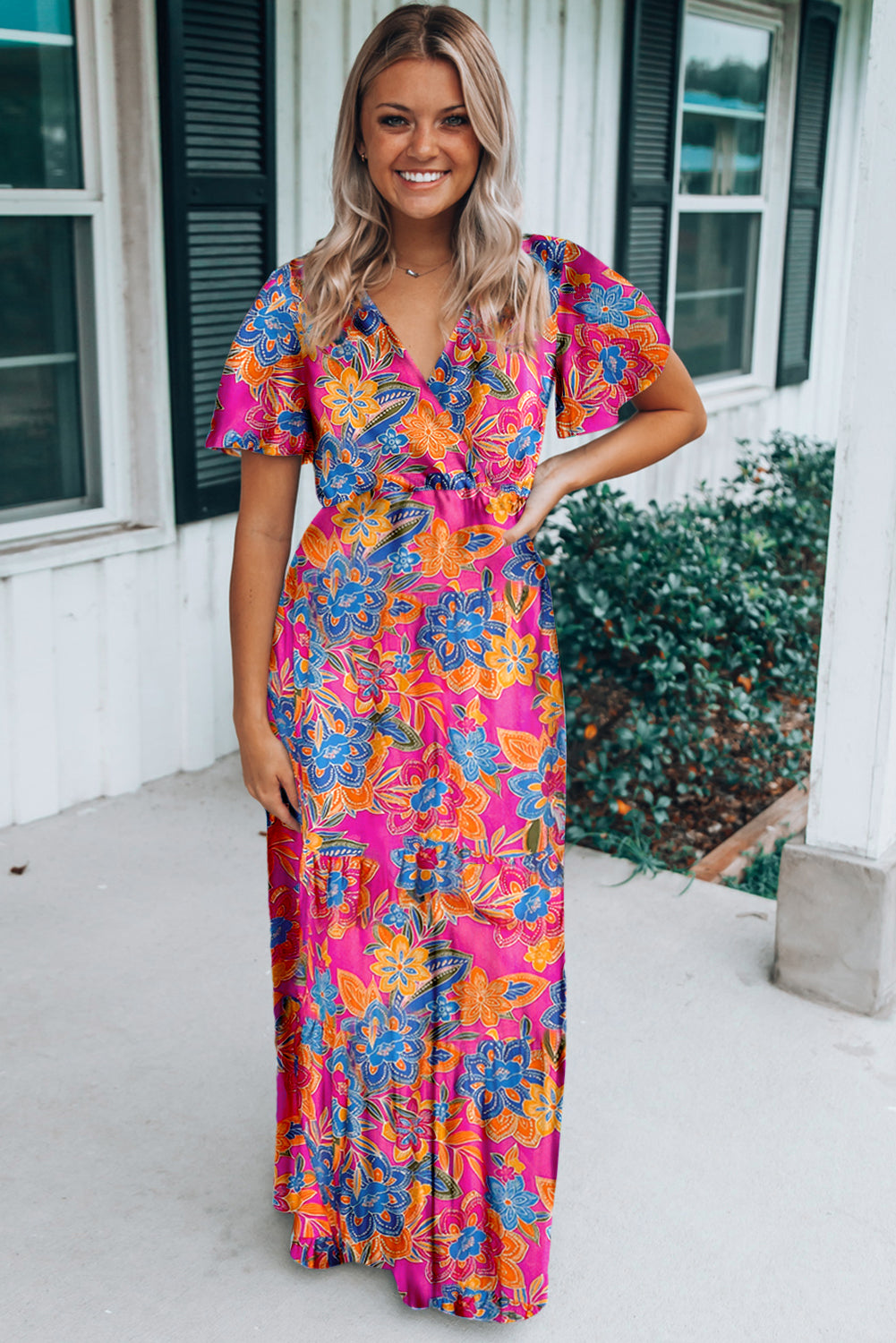 Rose wrap v neck floral maxikleid