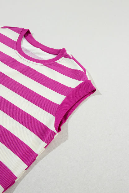 Roze gestreepte shift-t-shirt jurk met mouwen en tassen