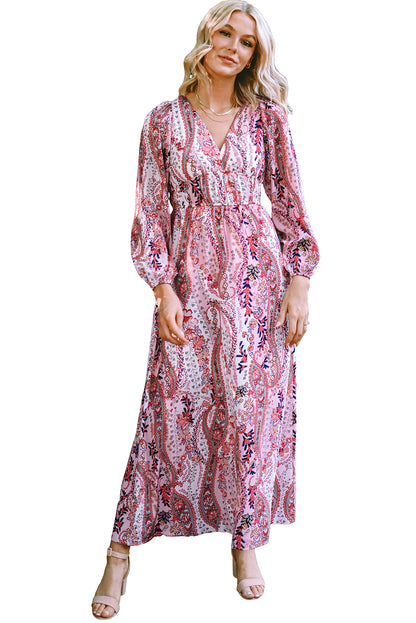 Veelkleurige boho paisley print v-neck maxikleid met imperium taille