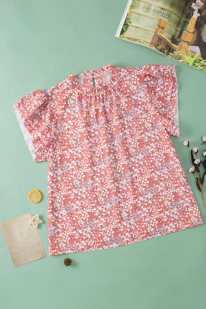 Rosa plus größe floral print gerafften ärmeln gekräuselten hals bluse