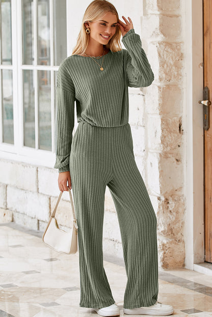 LAUREL GREEN FULL RIB -trim sleutelgat terug hoge taille jumpsuit