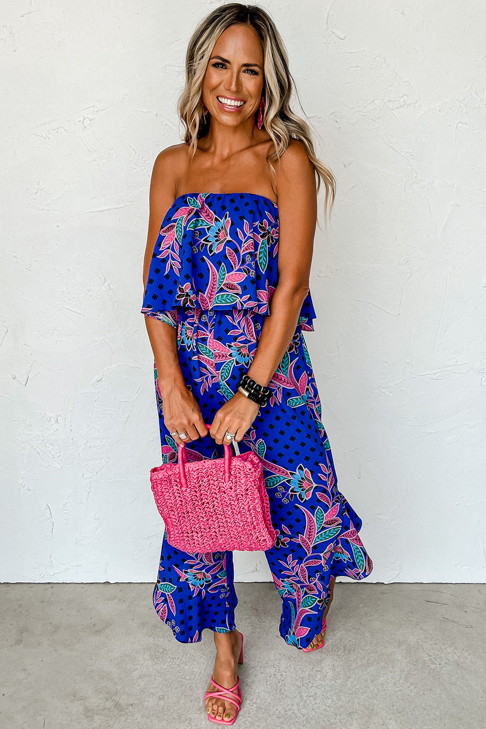 Blue Mix Tropical Print Service verwezen jumpsuit