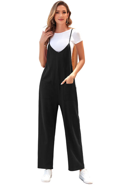 Zwart zak met verstelbare spaghetti -riemriemriempoot jumpsuit