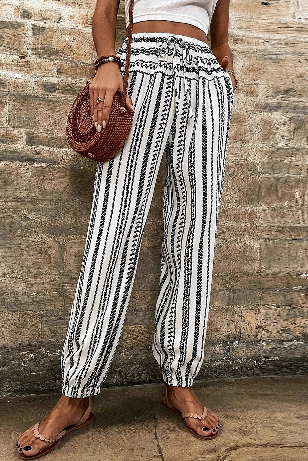 Zwart gestreepte boho gestreepte print casual broek