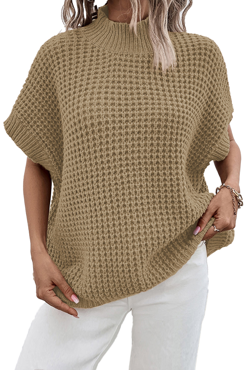 Helles french beige hoher hals kurzer batwing ärmel strukturierter strickpullover