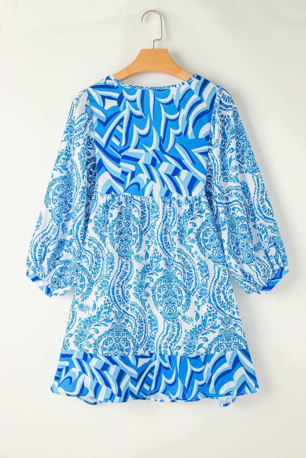 Himmelblau Boheemse print Puff Sleeve Tied V Neck uitlopende mini -jurk