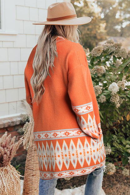 Orange bedruckte azteken-strickjacke mit offener vorderseite