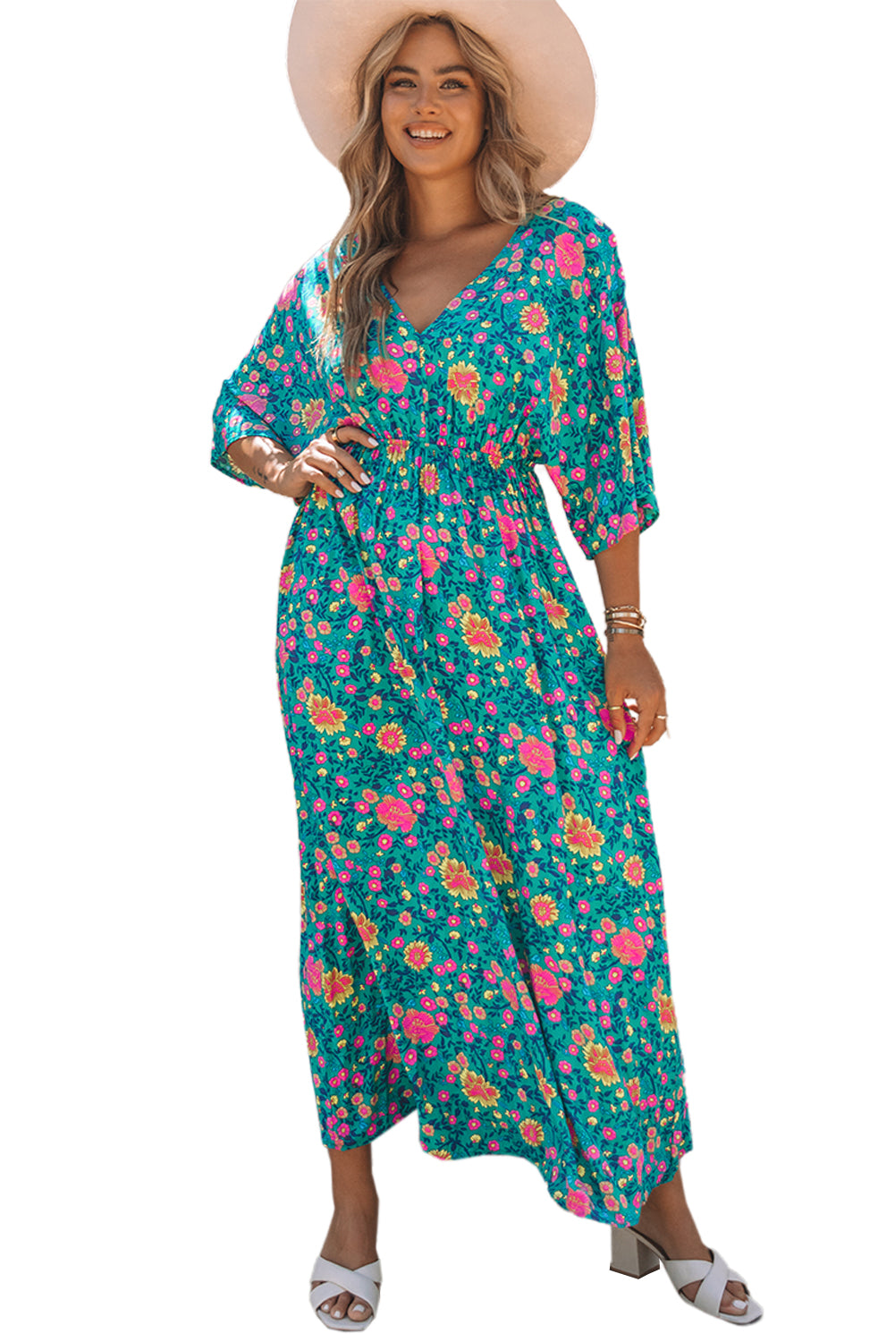 Green Boho Maxikleid met een diep V-hals en bloempatroon