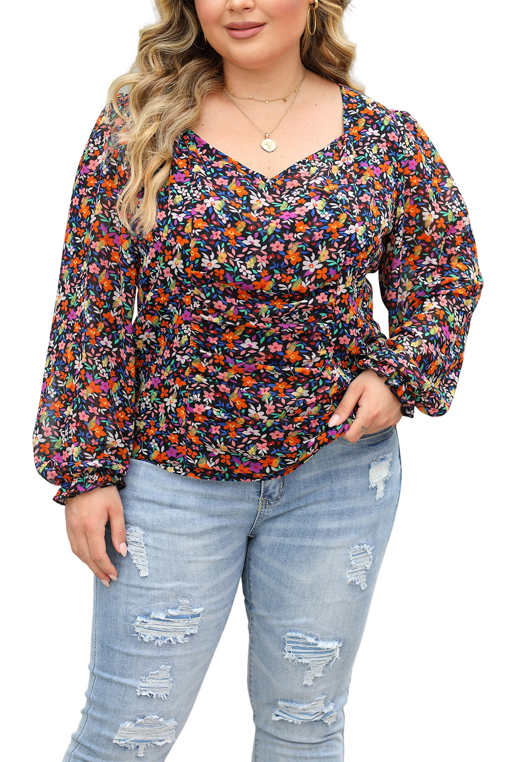 Schwarze plus size v-ausschnitt bubble sleeve floral bluse