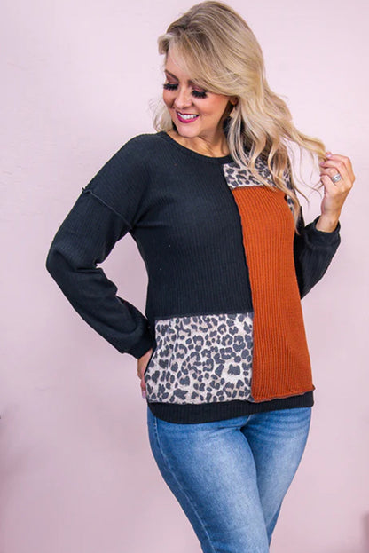 Schwarz orange colorblock leopard patchwork waffel stricken plus größe top