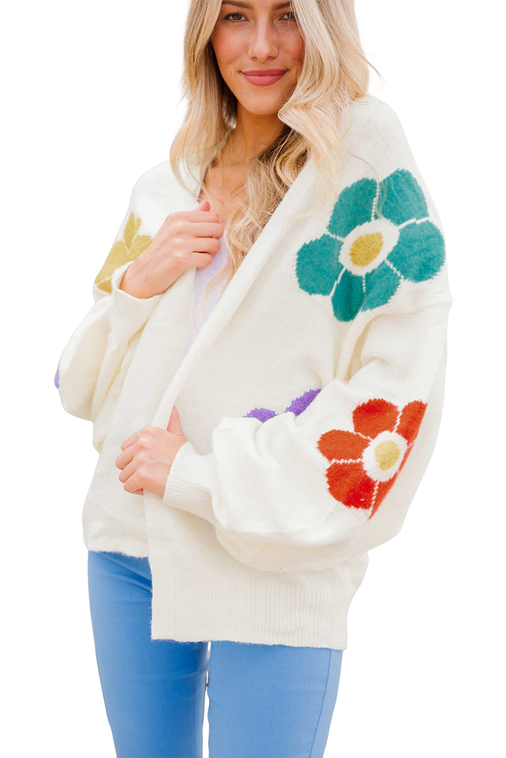 Witte bloem jacquared bubble mouw open vest