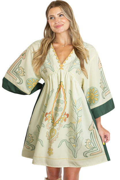 Mehrfarbiges boho print v-ausschnitt empire-taille kurzes kimono-kleid