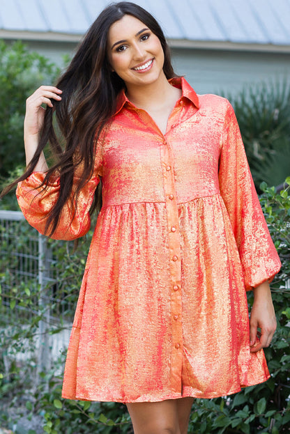 Peach Blossom Metallic Sheen puff mouwen knopen mini -shirtjurk