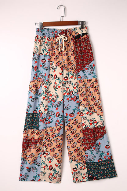 Multi -colored Boho Patchwork Print DrawString brede broek botten