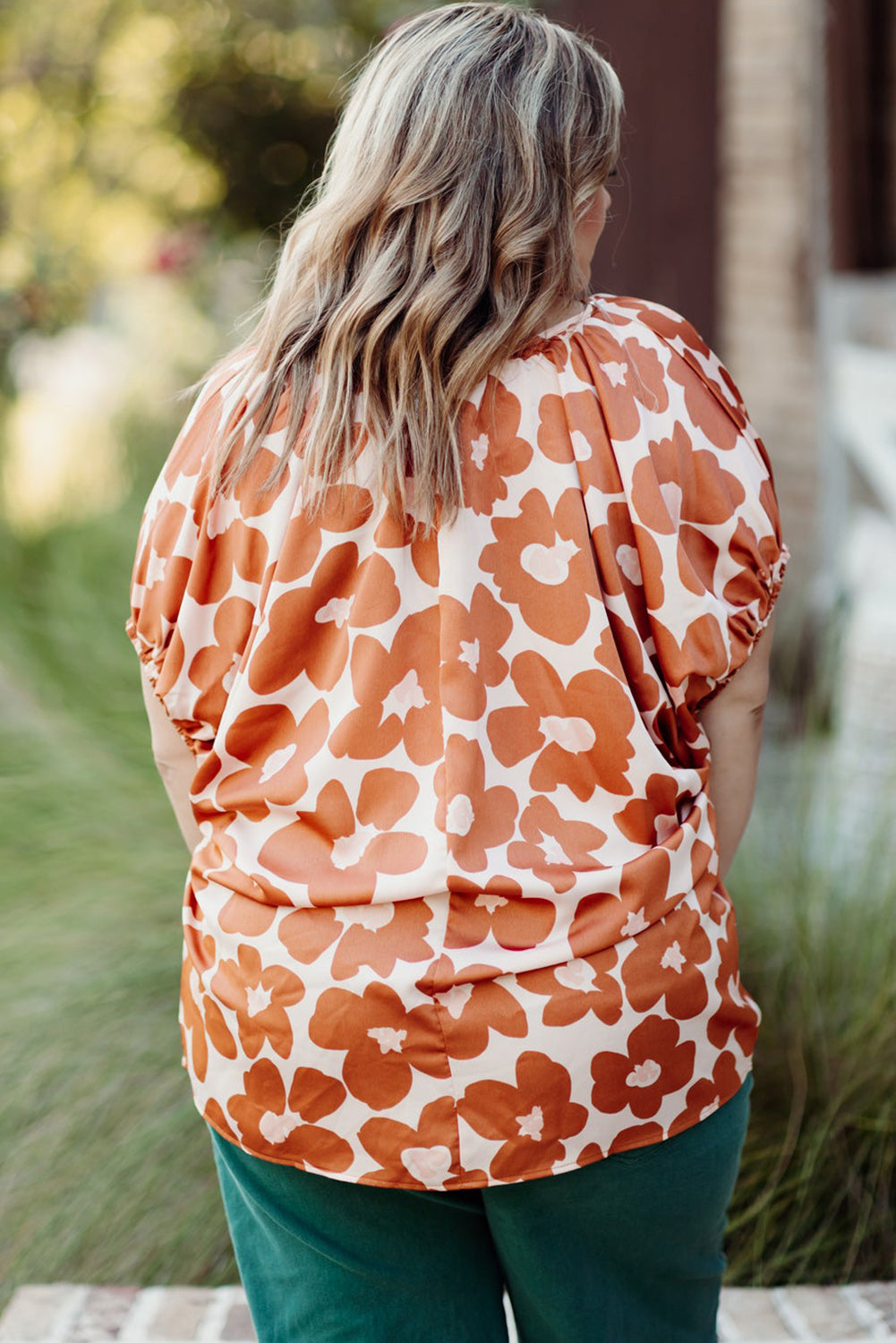 Orange plus größe floral print drawstring v hals kurzarm bluse