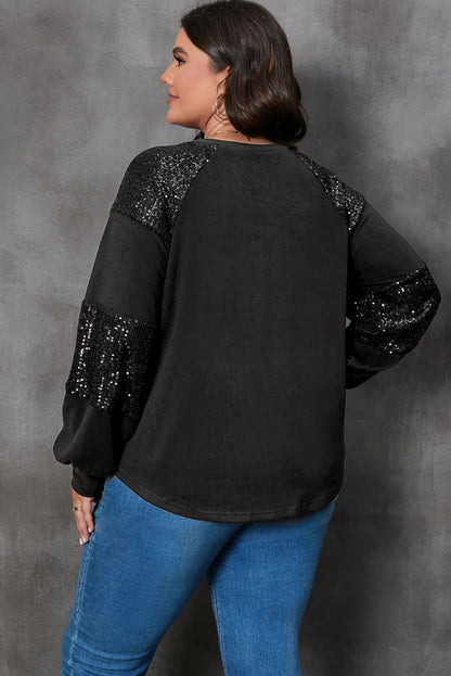 Schwarzes plus size pailletten patchwork rundhalsausschnitt langarm top