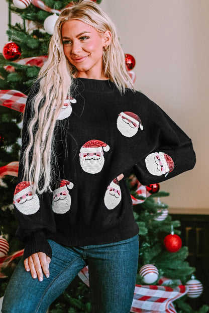 Schwarzer pailletten-weihnachtsmann-pullover mit läuferärmeln