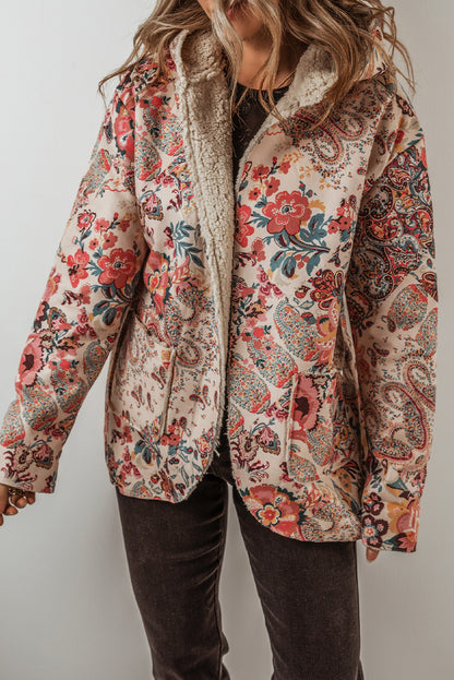 Beige vintage paisley floral gedruckt sherpa gefüttert jacke mit kapuze