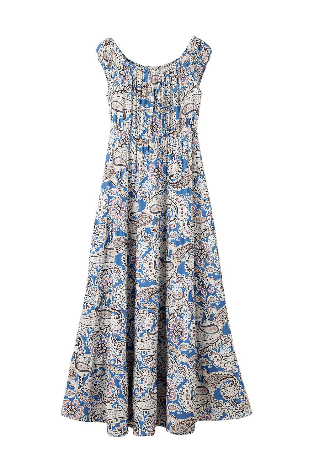 Blue Boho Paisley Print Schouder -Vrije maxi -jurk